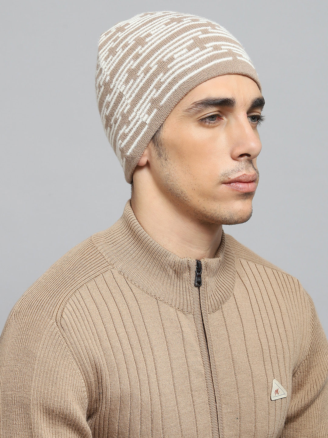 Men Beige Self Design Cap