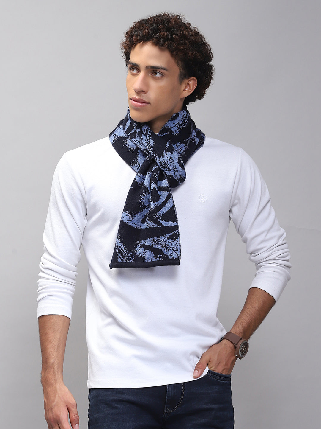 Men Navy Blue Self Design Muffler