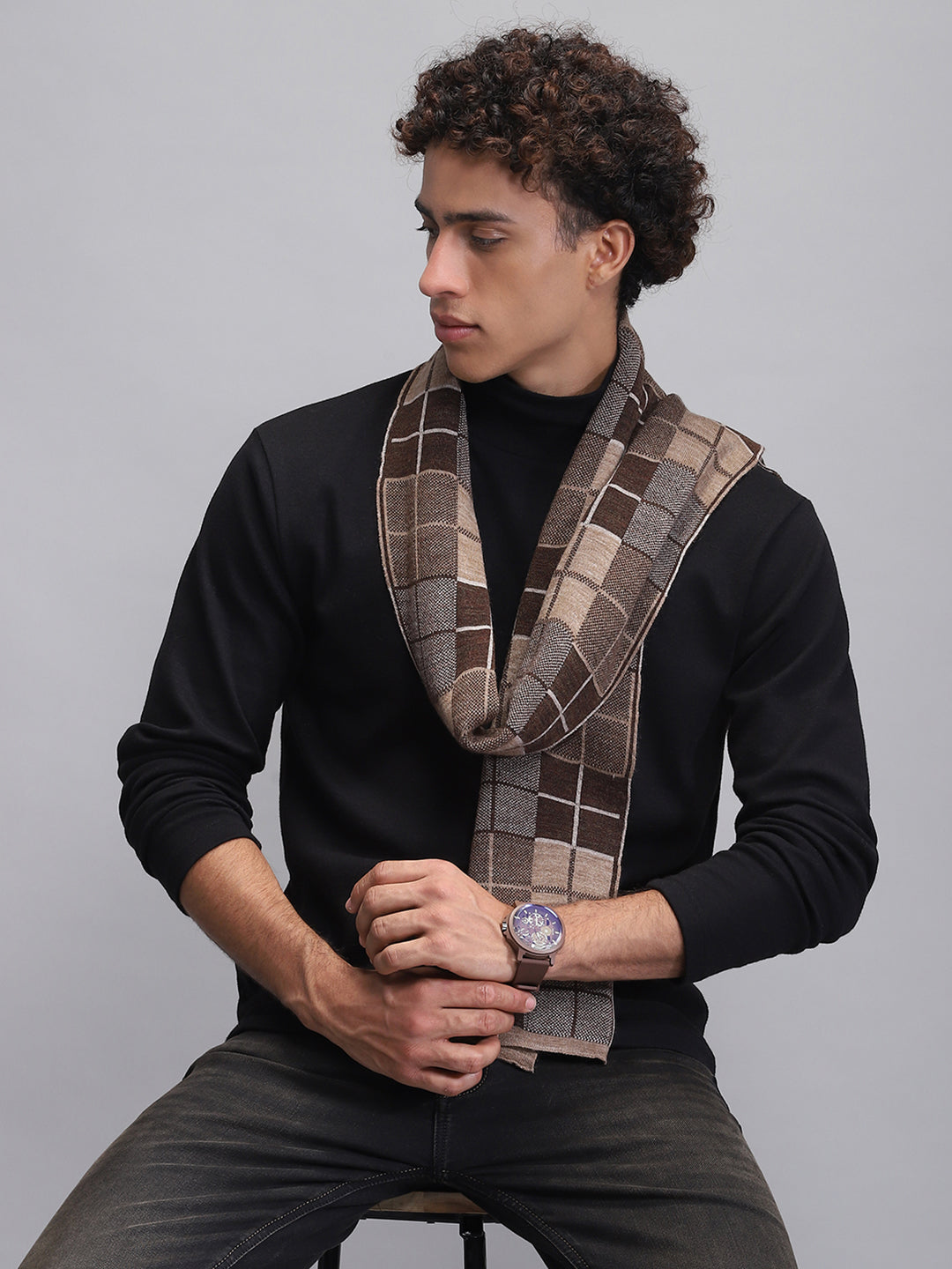 Men Brown Self Design Muffler