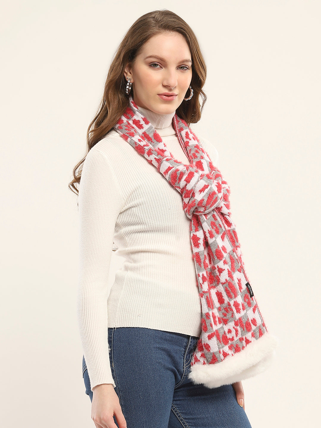 Women Red Self Design Muffler