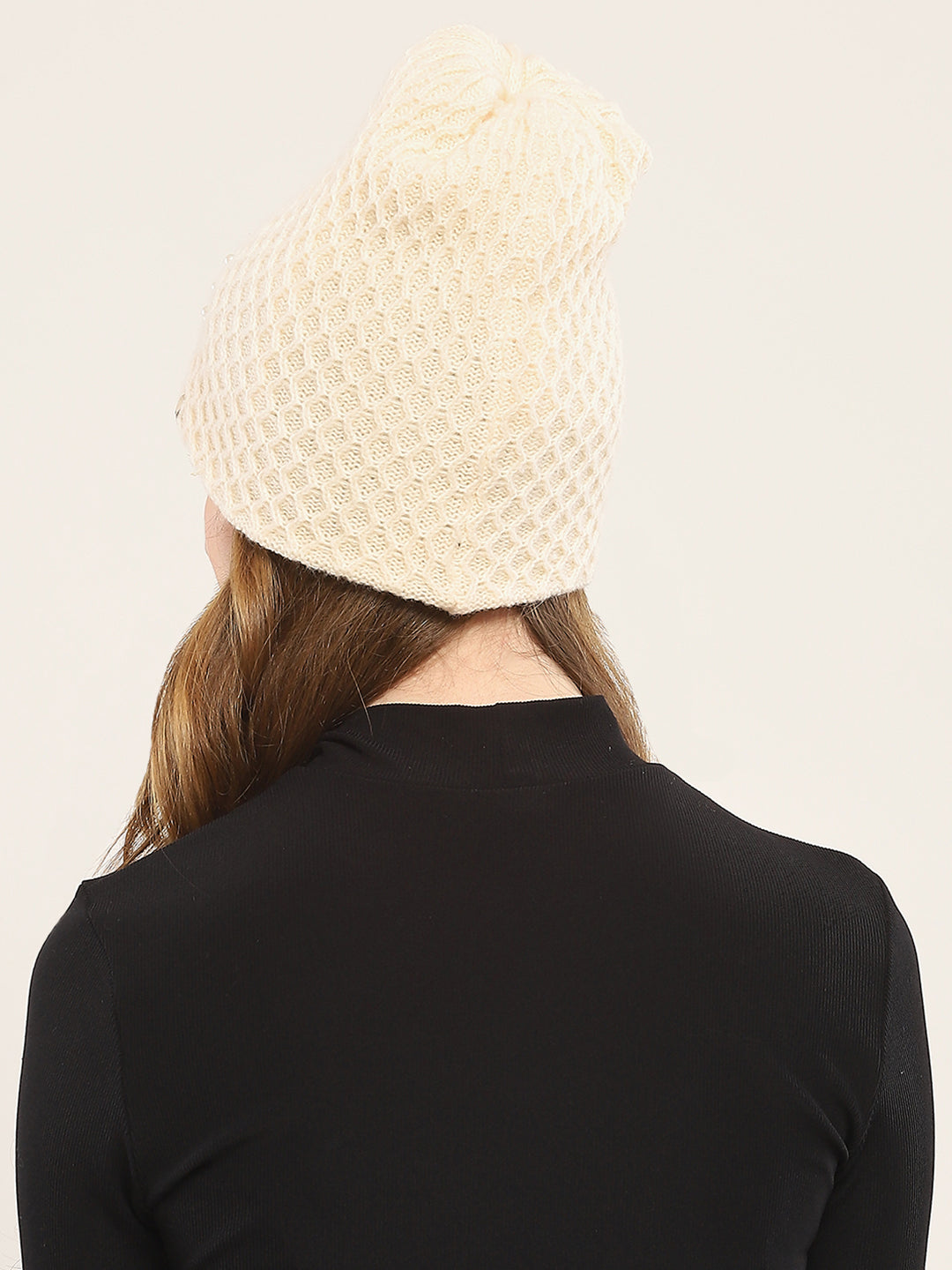 Women Cream Self Design Cap