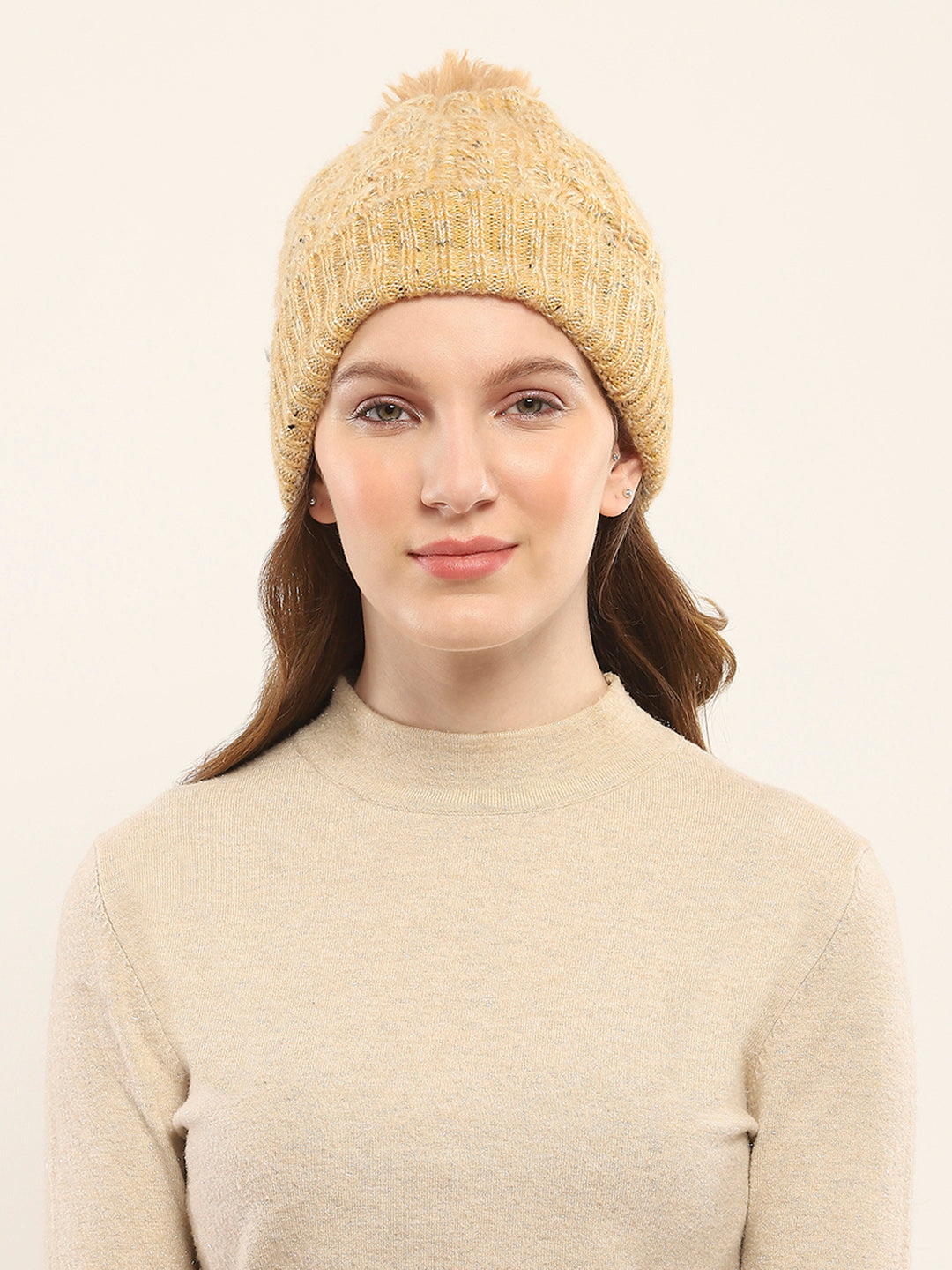 Women Cream Self Design Cap