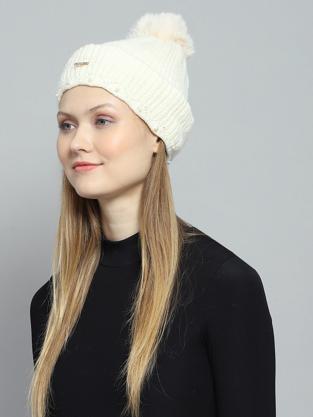 Women Off White Self Design Cap