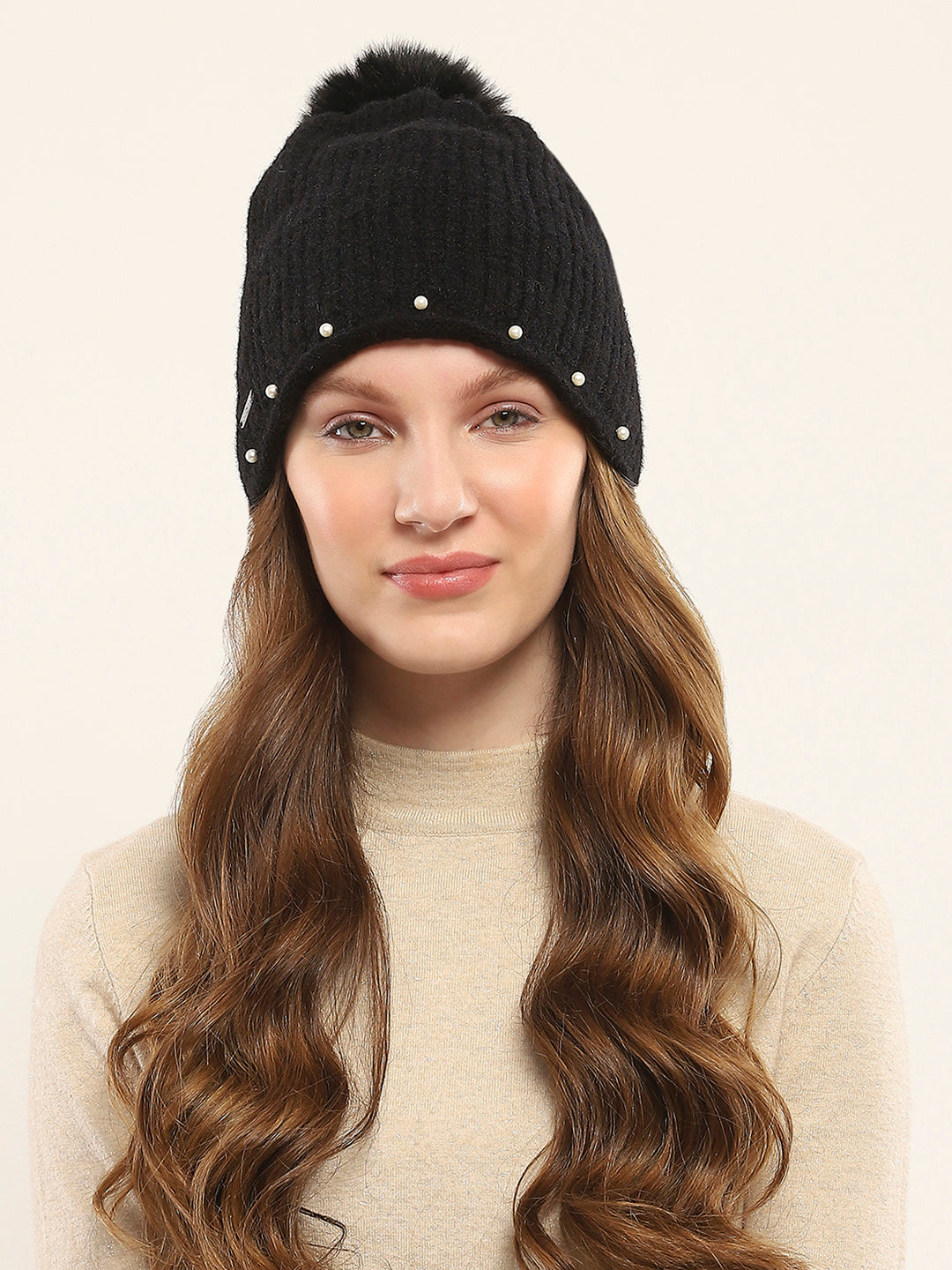 Women Black Self Design Cap