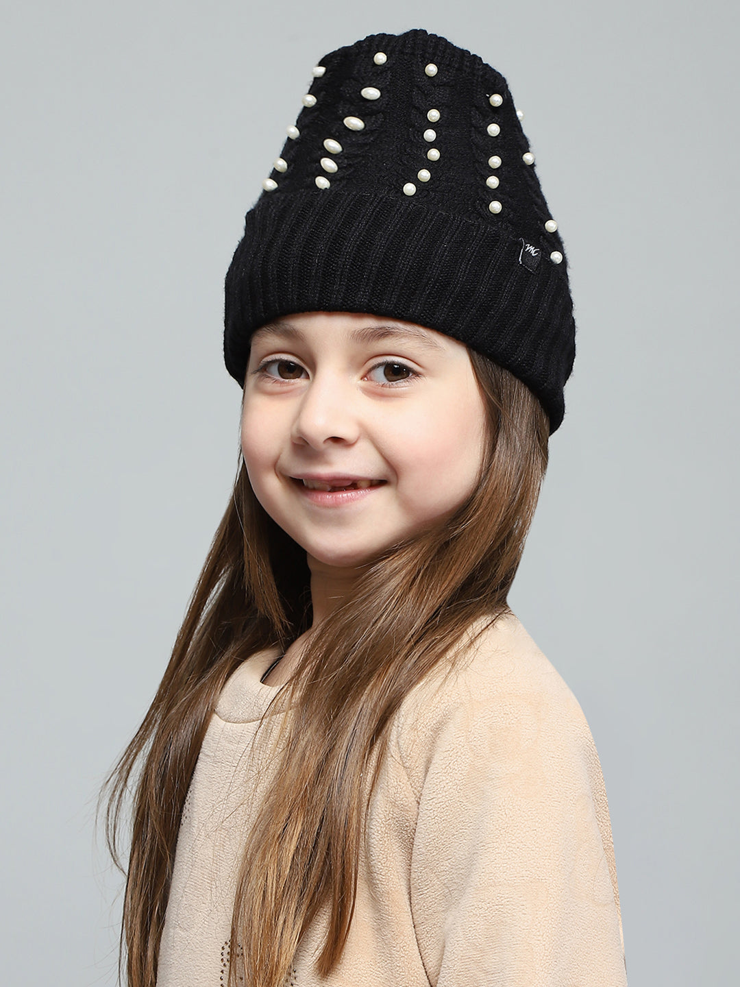 Kids Black Self Design Cap