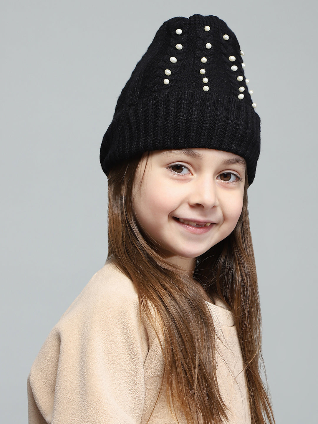 Kids Black Self Design Cap