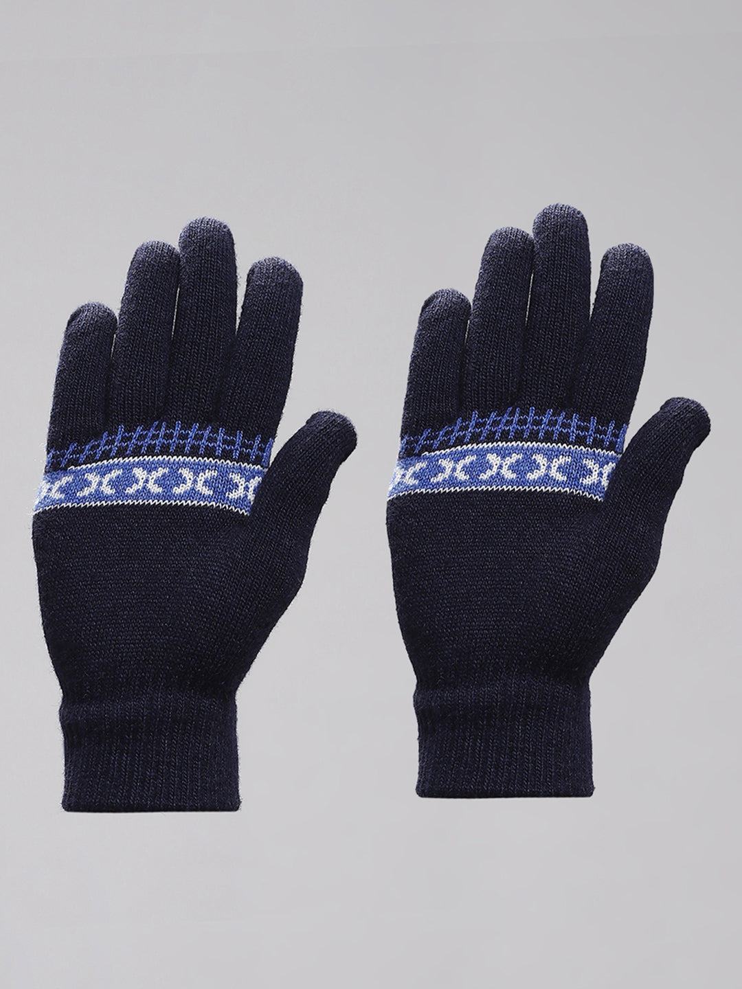 Men Navy Blue Self Design Gloves