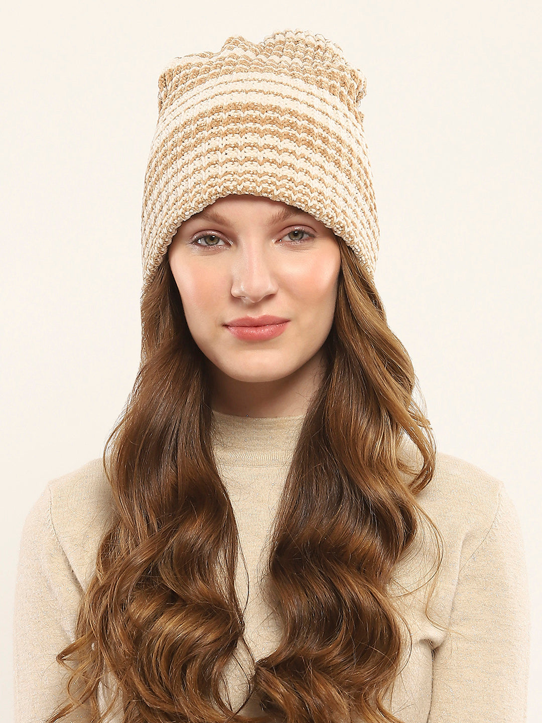 Women Camel Brown Self Design Cap