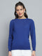 Women Blue Solid Round Neck Full Sleeve Winte Top