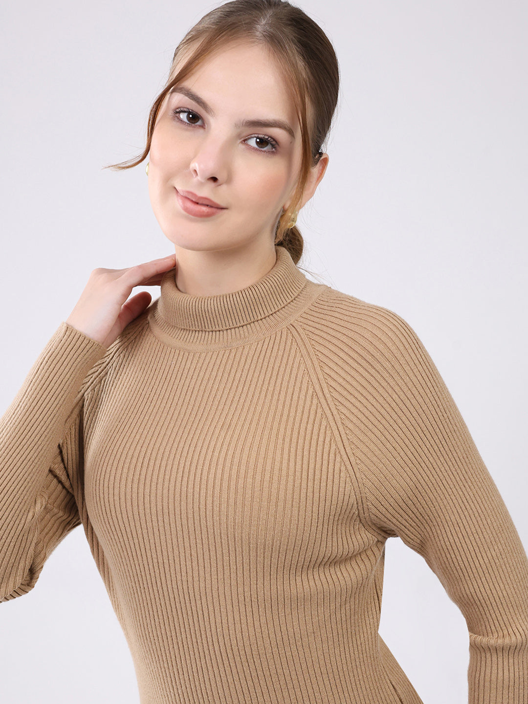 Women Khaki Self Design High Neck Full Sleeve Sceavy