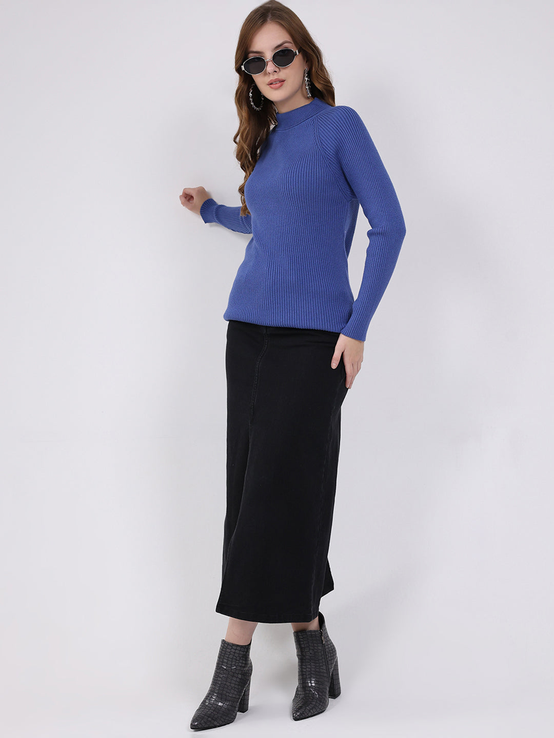 Women Blue Self Design High Neck Full Sleeve Sceavy