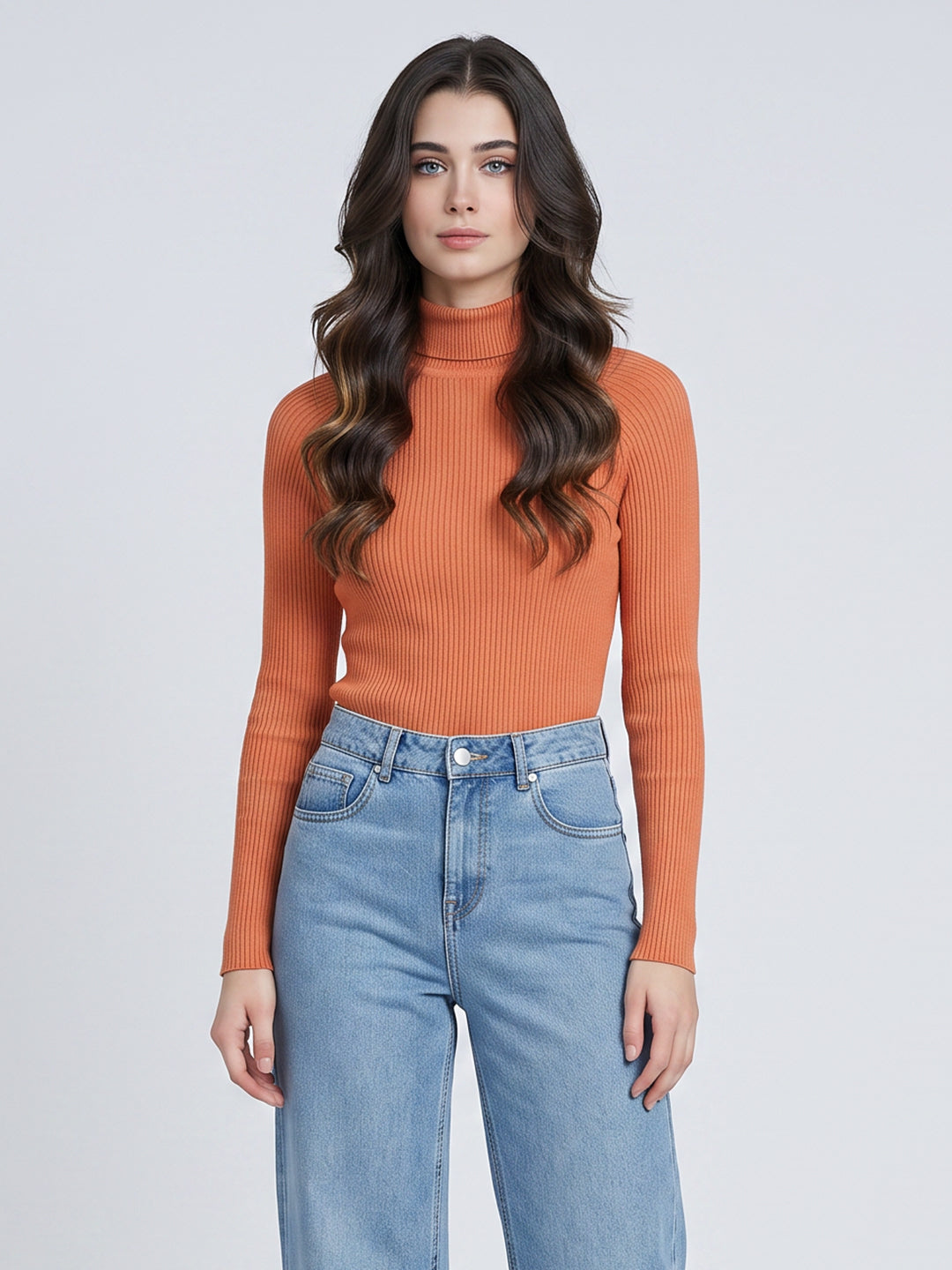 Women Orange Corduroy High Neck Full Sleeve Sceavy