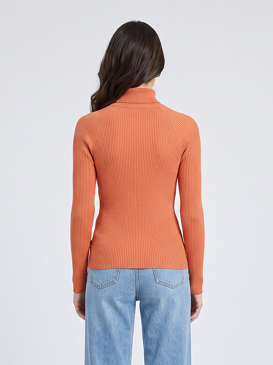 Women Orange Corduroy High Neck Full Sleeve Sceavy