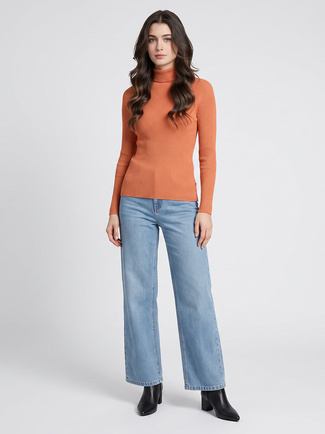 Women Orange Corduroy High Neck Full Sleeve Sceavy