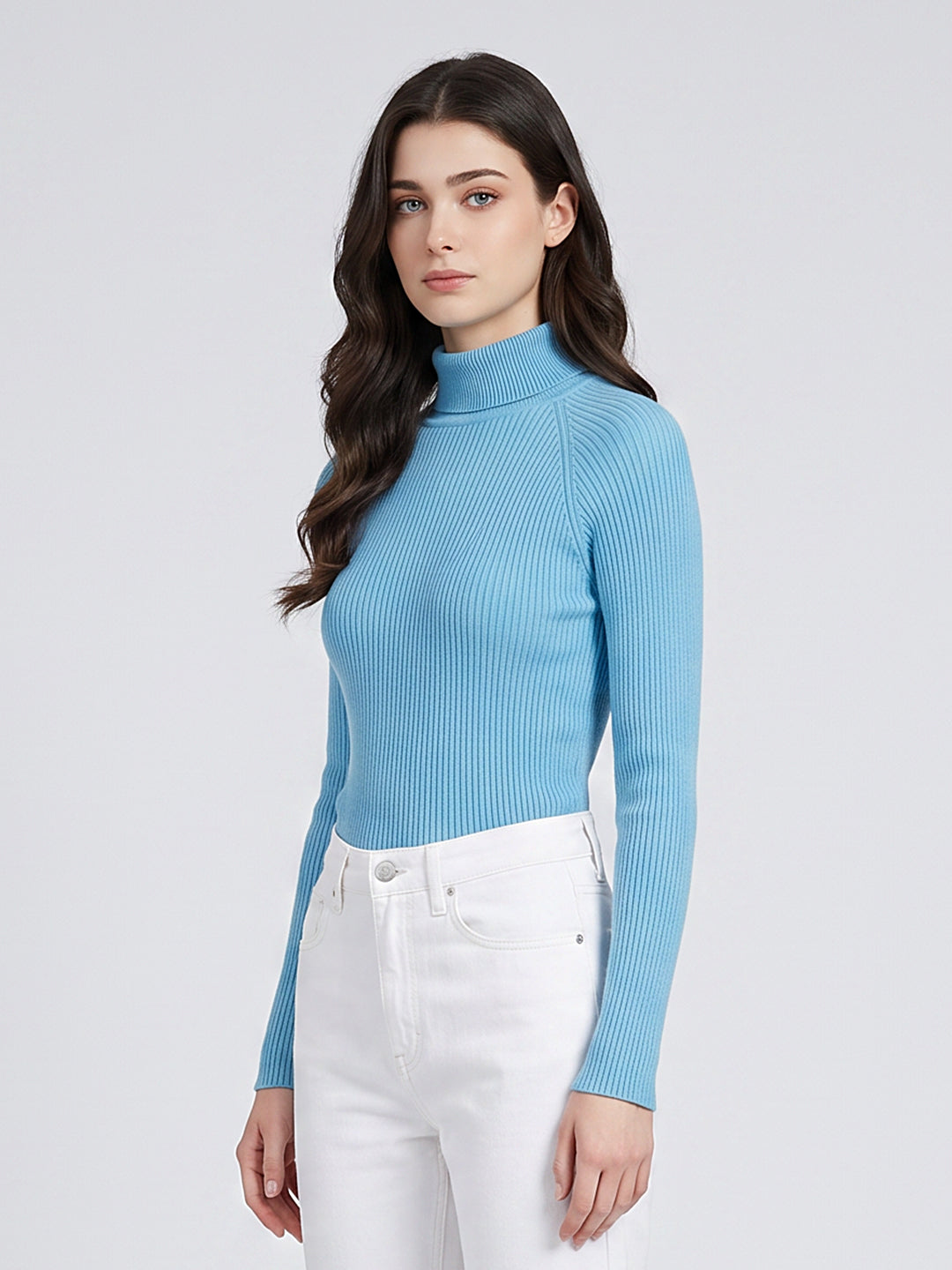 Women Blue Corduroy High Neck Full Sleeve Sceavy