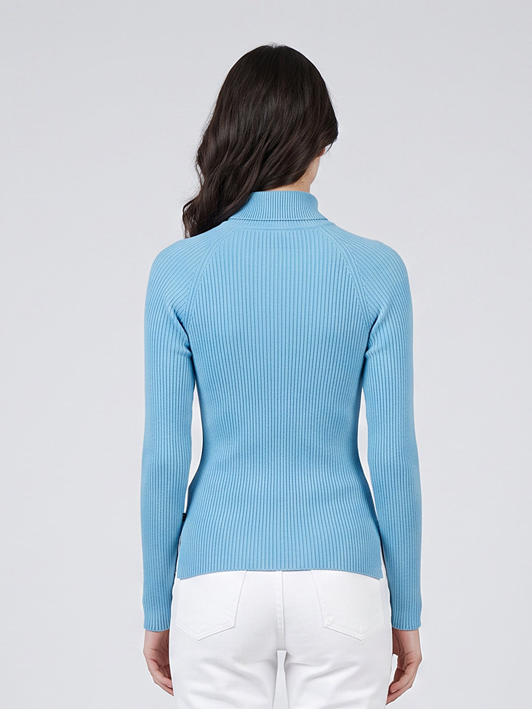 Women Blue Corduroy High Neck Full Sleeve Sceavy