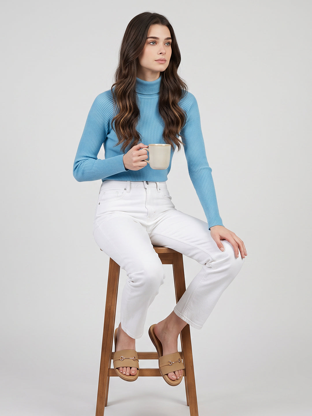 Women Blue Corduroy High Neck Full Sleeve Sceavy