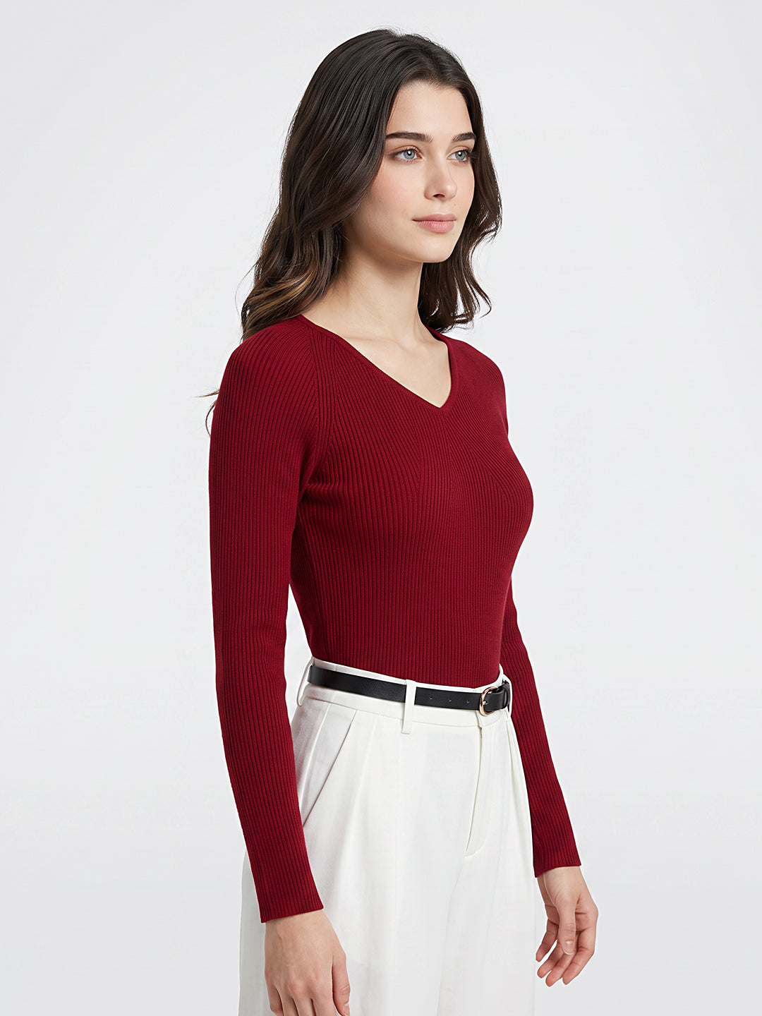 Women Maroon Solid V Neck Full Sleeve Sceavy