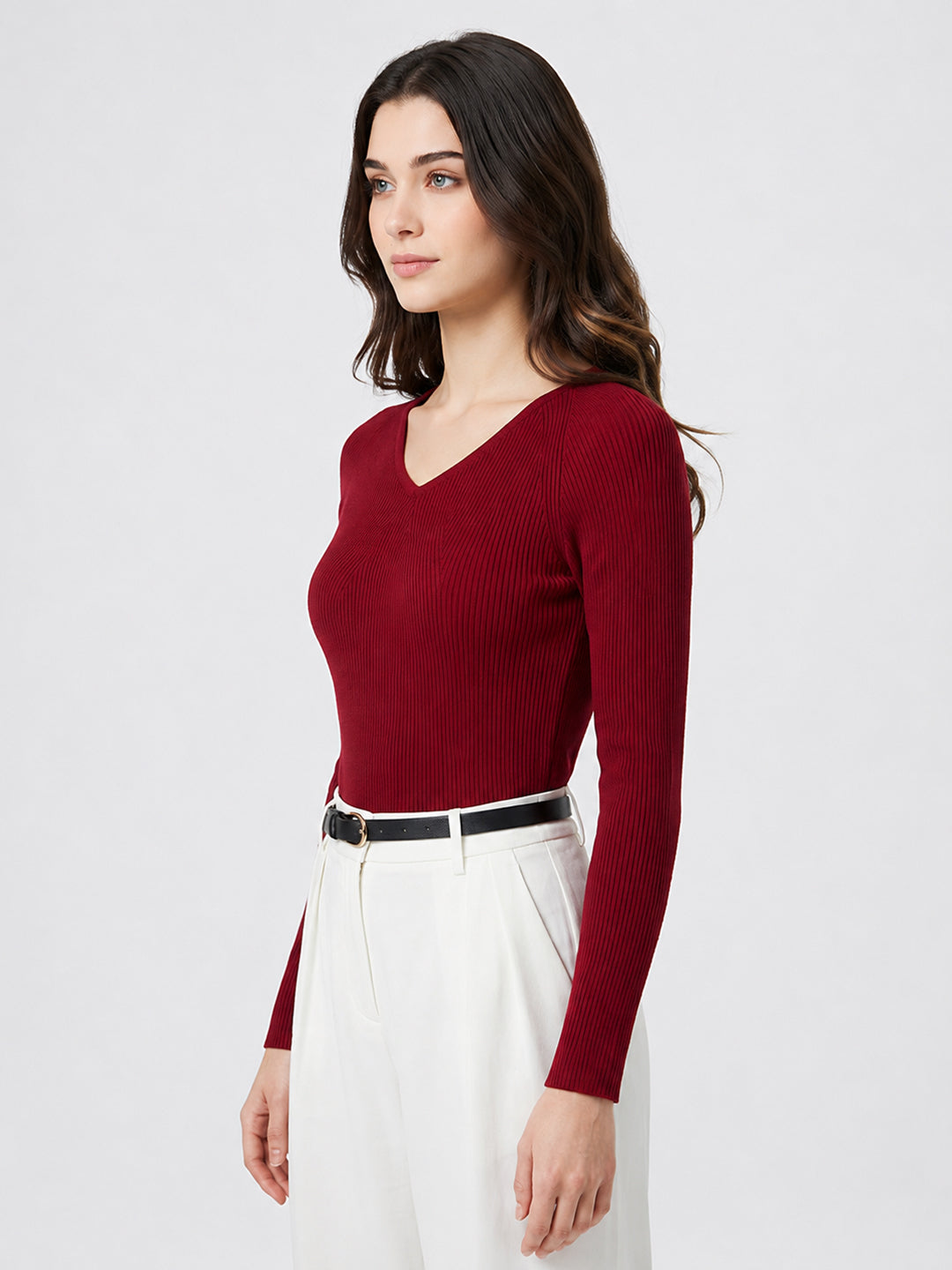 Women Maroon Solid V Neck Full Sleeve Sceavy