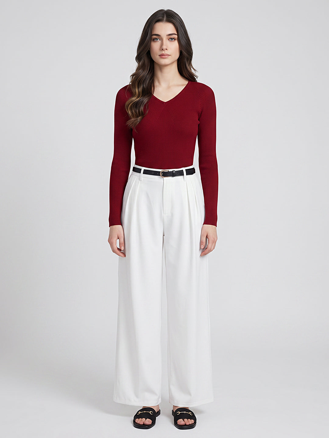 Women Maroon Solid V Neck Full Sleeve Sceavy