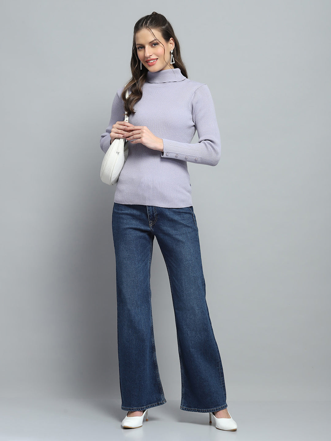 Women Grey Solid High Neck Full Sleeve Sceavy