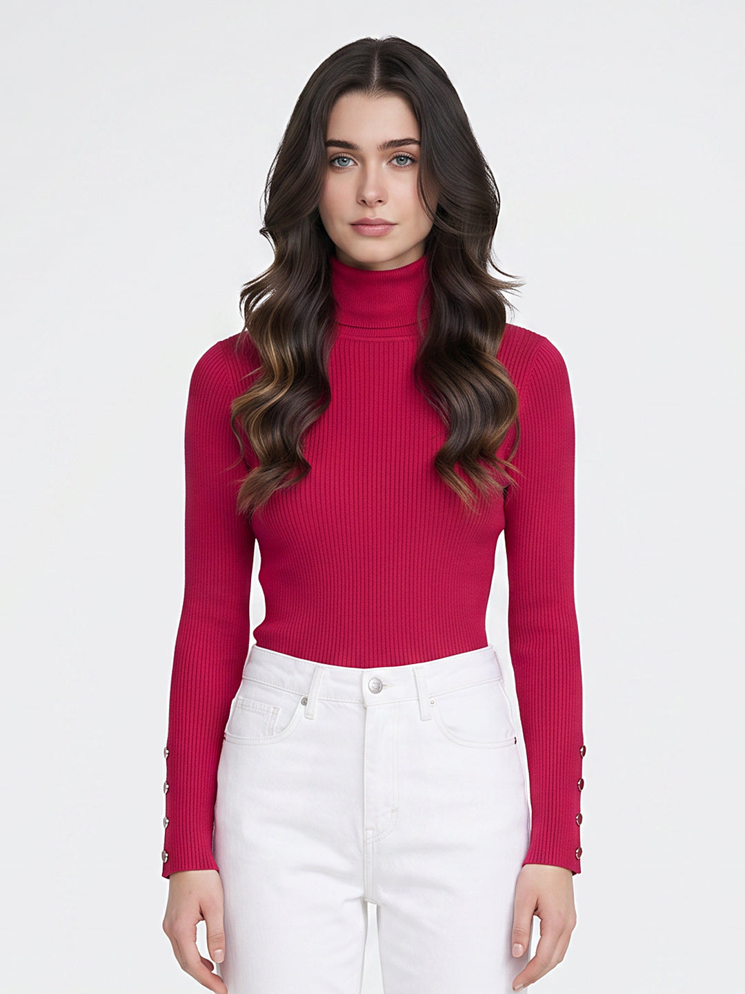 Women Red Solid High Neck Full Sleeve Sceavy