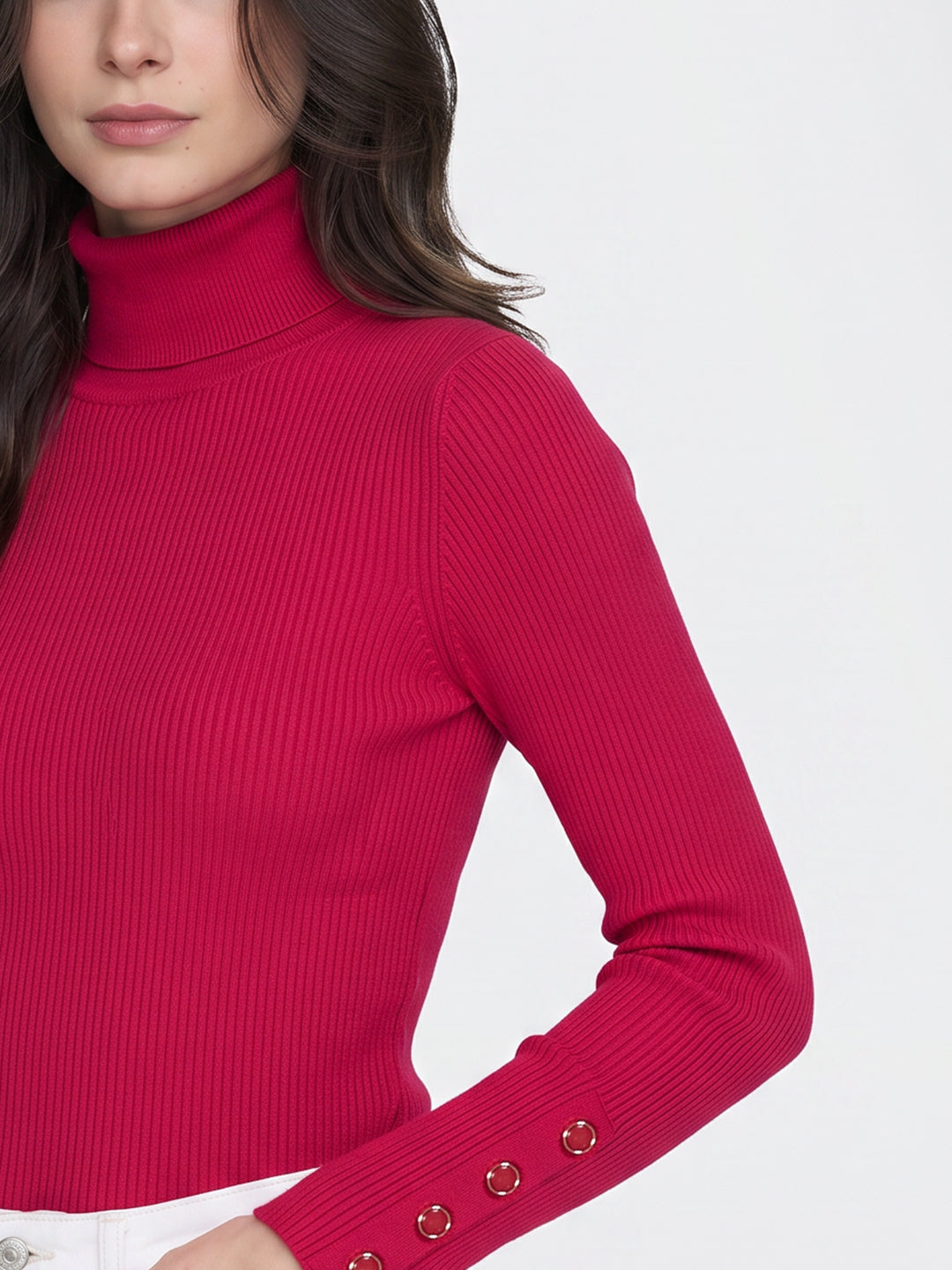 Women Red Solid High Neck Full Sleeve Sceavy