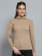Women Camel Brown Solid High Neck Full Sleeve Sceavy