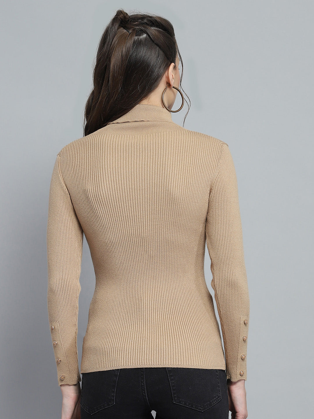 Women Camel Brown Solid High Neck Full Sleeve Sceavy