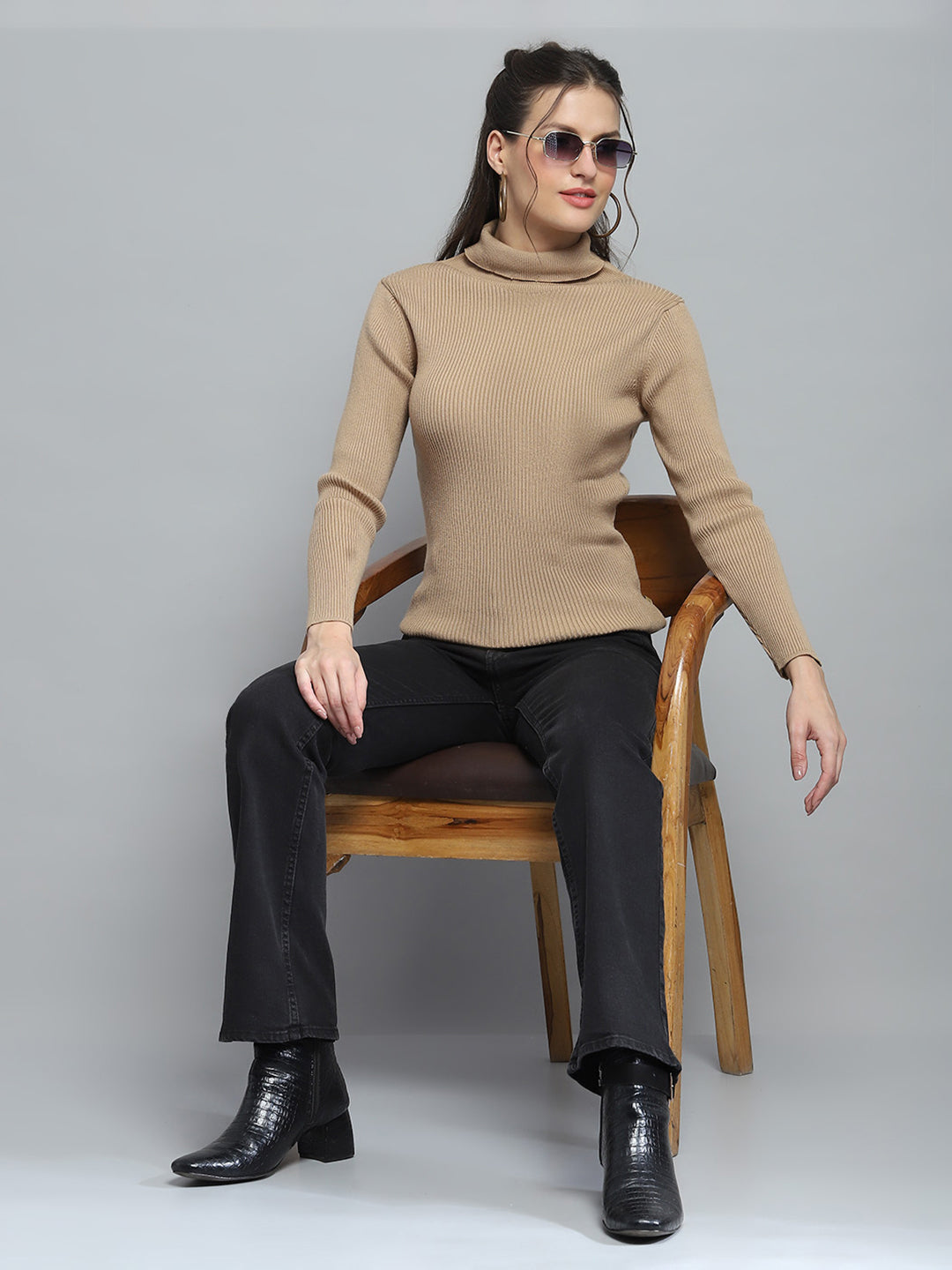 Women Camel Brown Solid High Neck Full Sleeve Sceavy