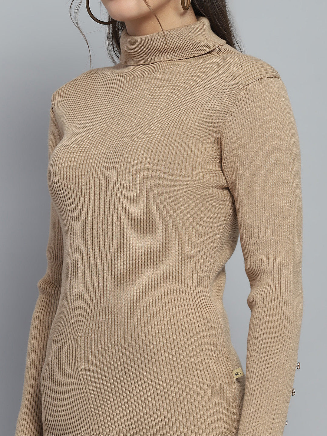 Women Camel Brown Solid High Neck Full Sleeve Sceavy