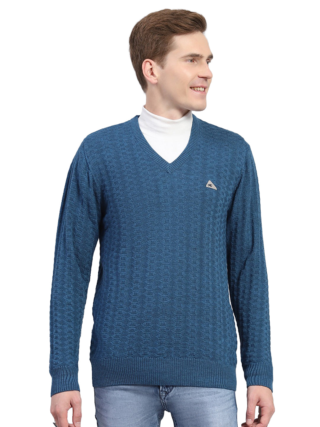 Men Blue Self Design V Neck Full Sleeve Pullover