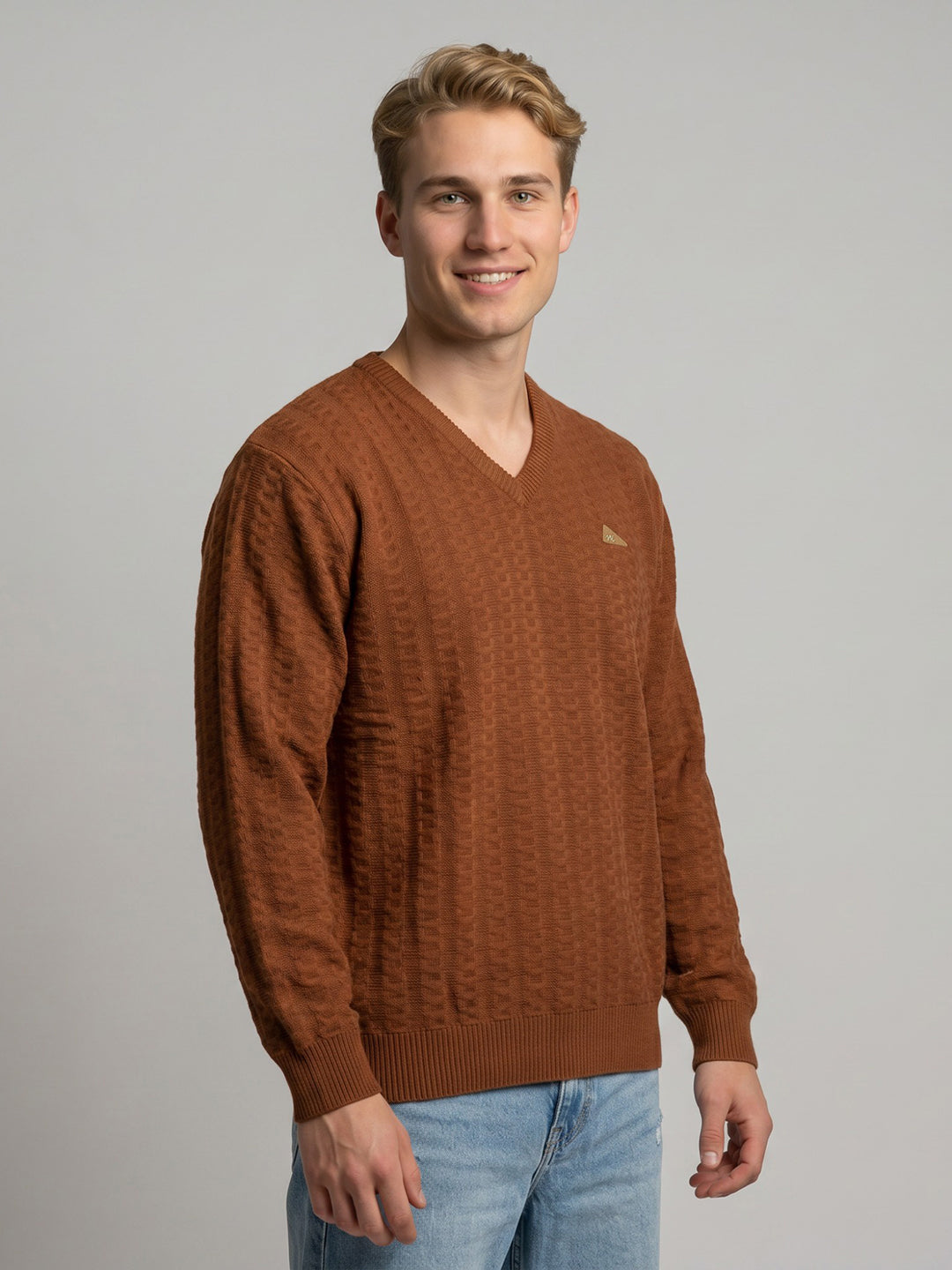 Men Rust Self Design V Neck Full Sleeve Pullover