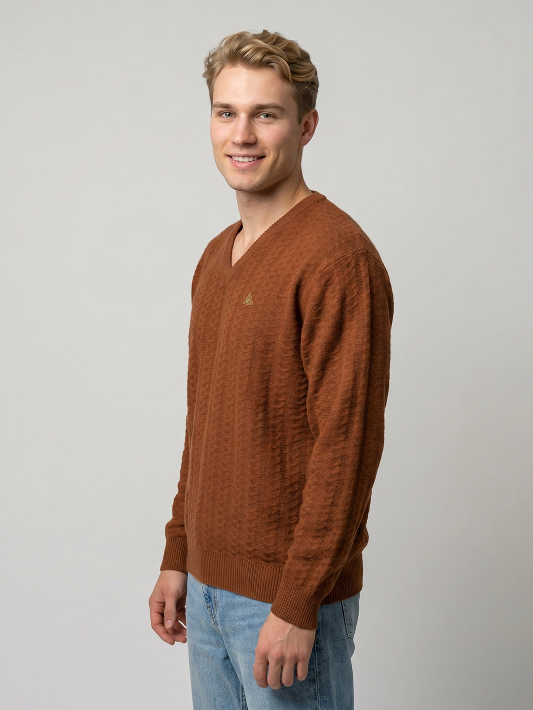 Men Rust Self Design V Neck Full Sleeve Pullover