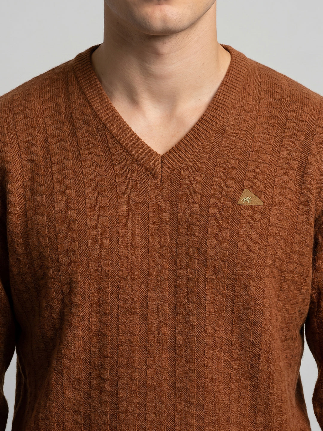 Men Rust Self Design V Neck Full Sleeve Pullover