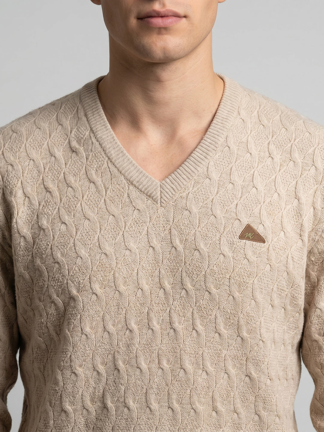 Men Beige Self Design V Neck Full Sleeve Pullover