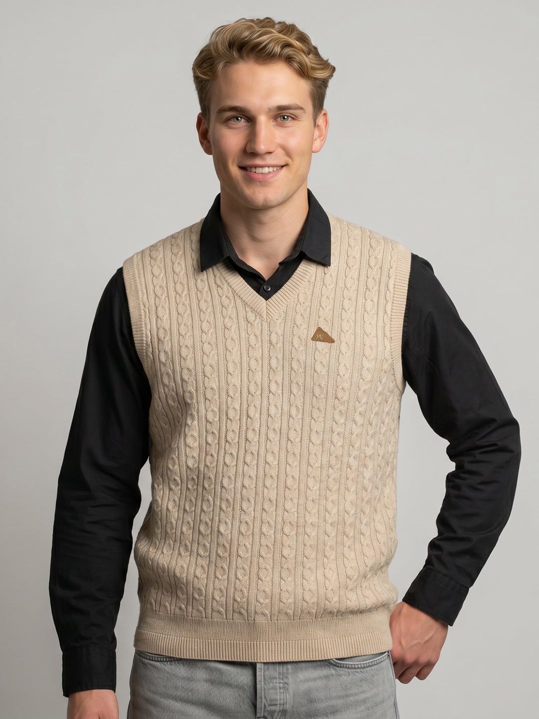 Men Beige Self Design V Neck Sleeveless Sweater