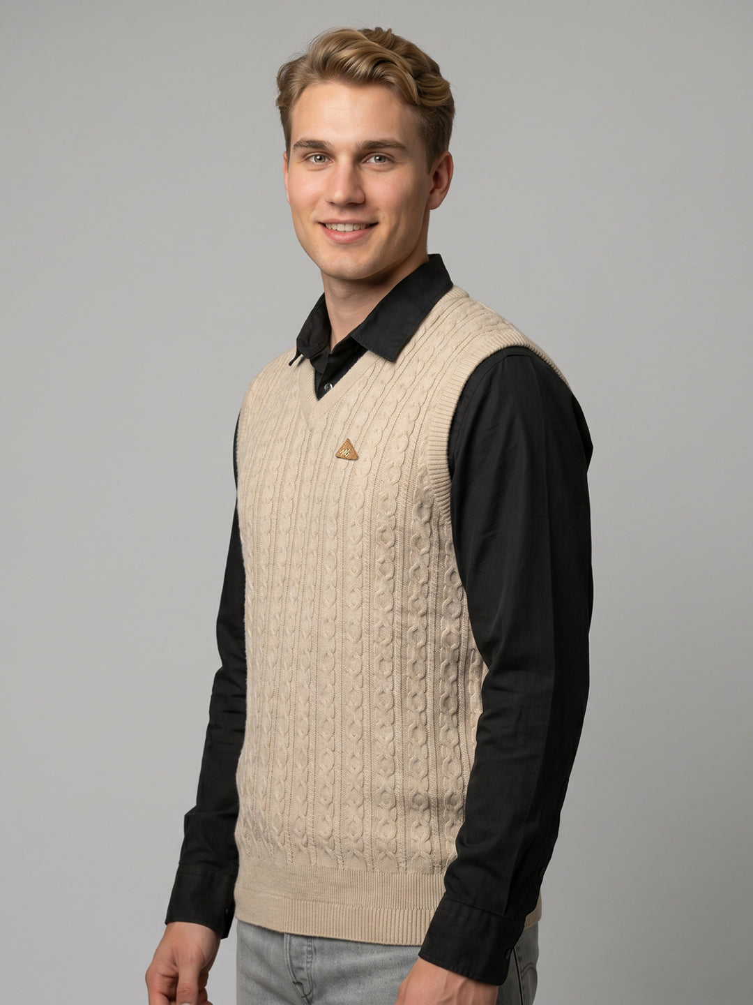 Men Beige Self Design V Neck Sleeveless Sweater