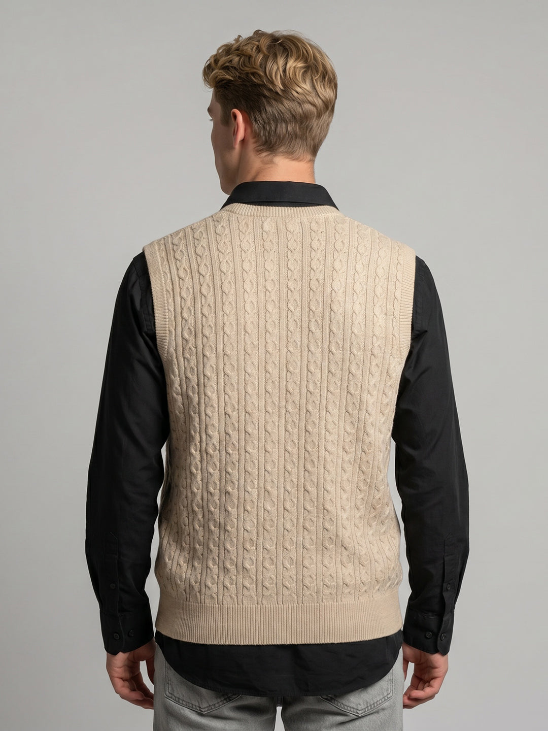 Men Beige Self Design V Neck Sleeveless Sweater