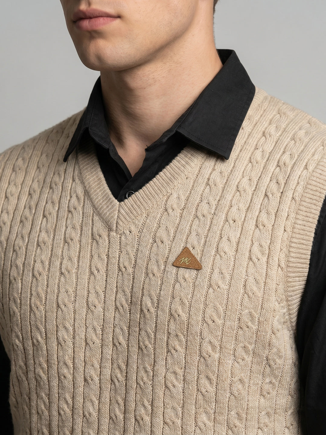 Men Beige Self Design V Neck Sleeveless Sweater