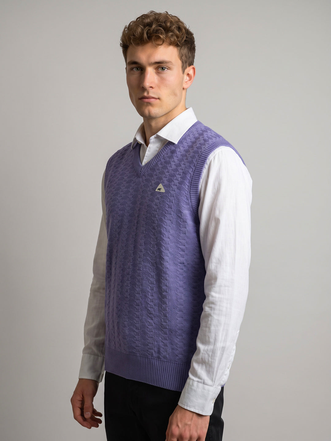 Men Purple Self Design V Neck Sleeveless Sweater