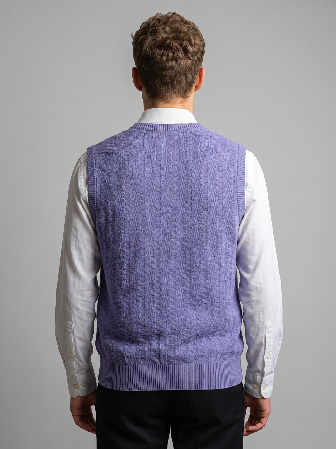 Men Purple Self Design V Neck Sleeveless Sweater