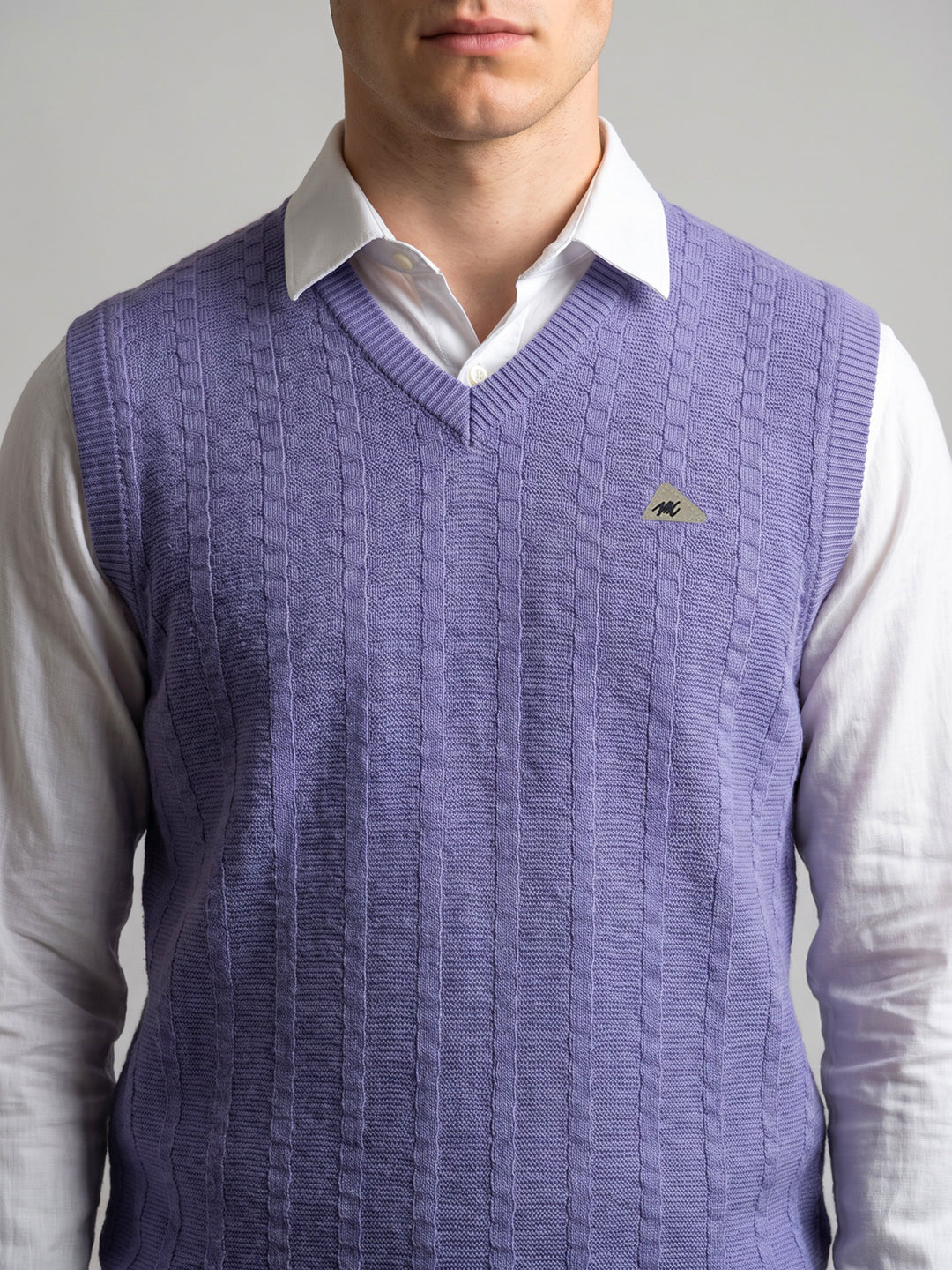Men Purple Self Design V Neck Sleeveless Sweater