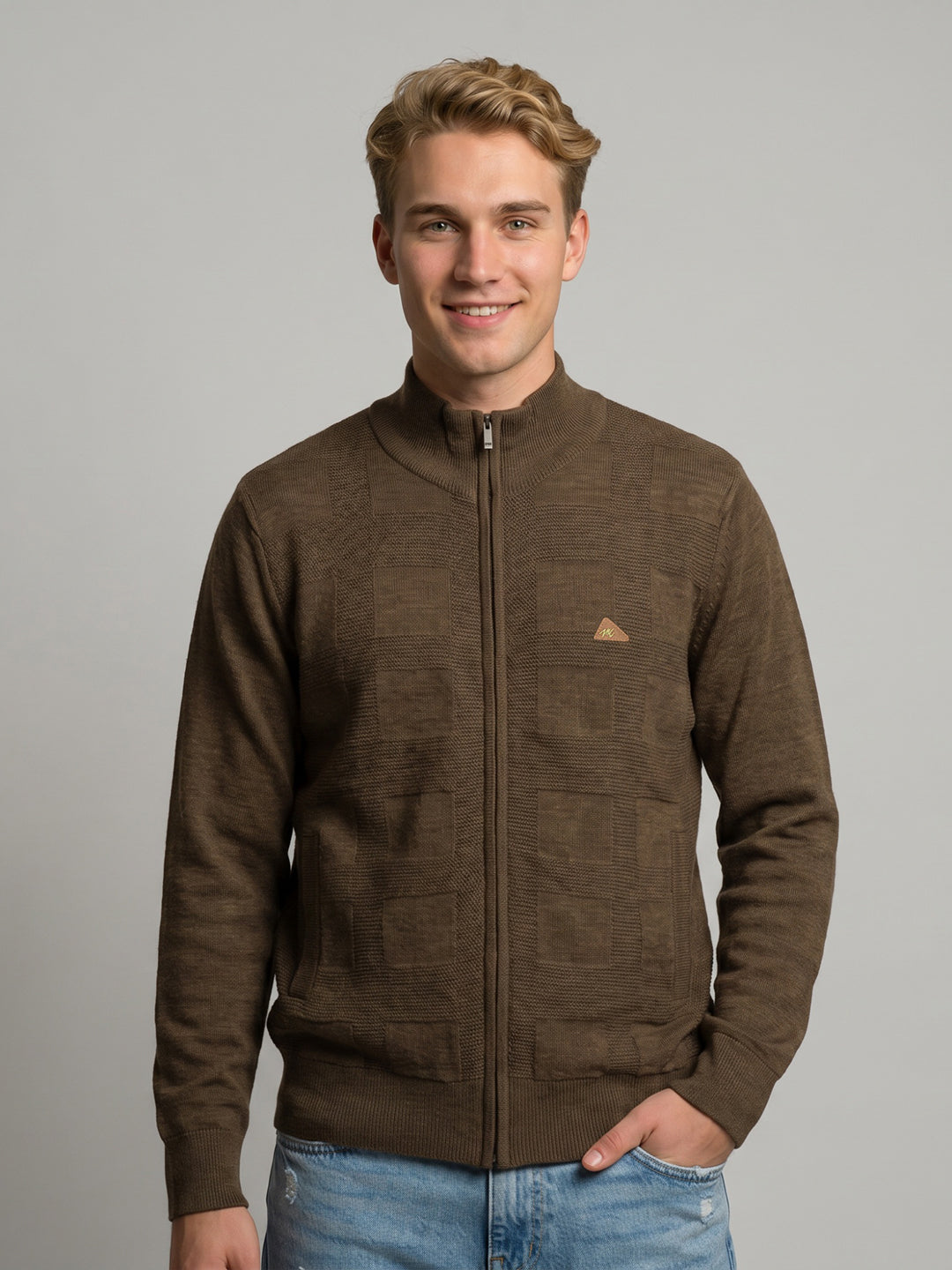 Men Brown Self Design Turtle Neck Full Sleeve Pullover