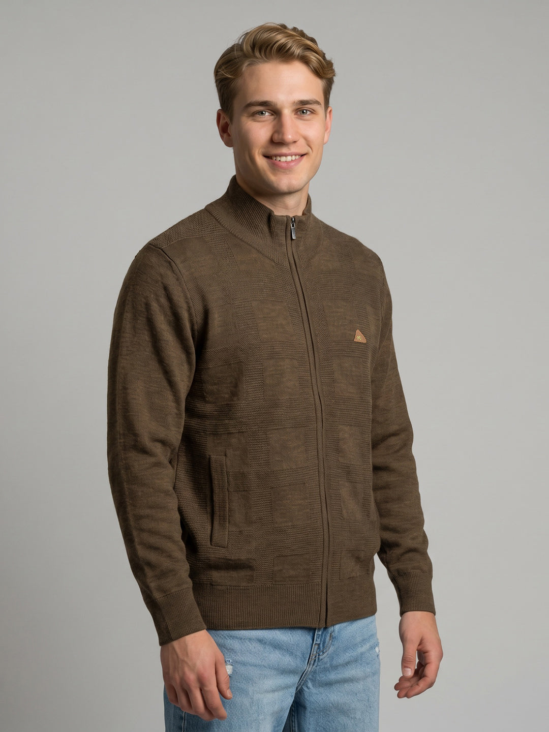 Men Brown Self Design Turtle Neck Full Sleeve Pullover