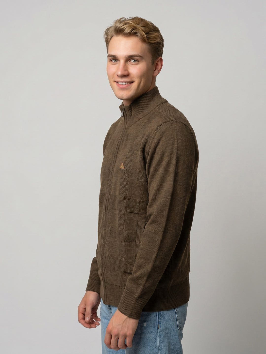 Men Brown Self Design Turtle Neck Full Sleeve Pullover