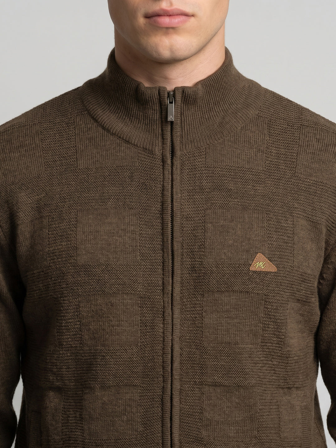 Men Brown Self Design Turtle Neck Full Sleeve Pullover