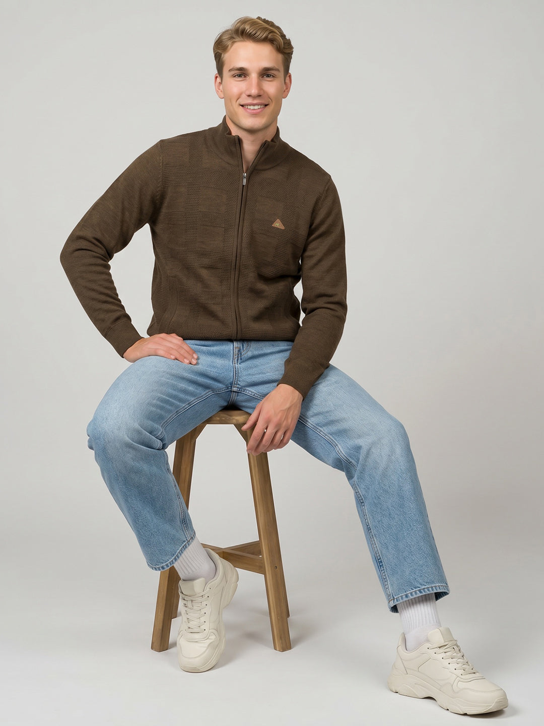 Men Brown Self Design Turtle Neck Full Sleeve Pullover