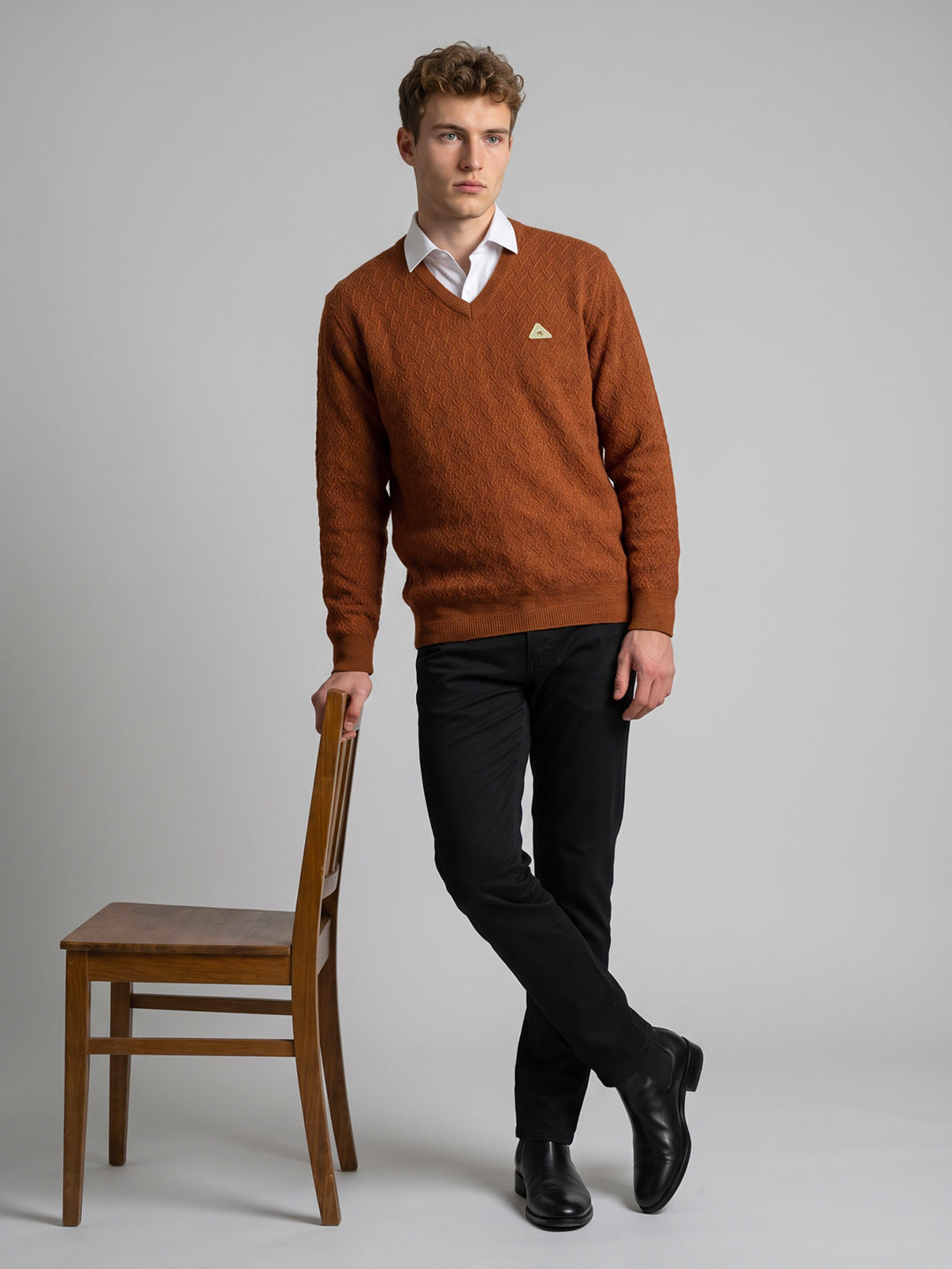 Men Rust Self Design V Neck Full Sleeve Pullover