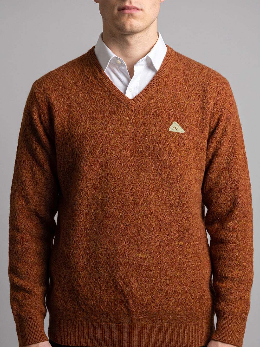 Men Rust Self Design V Neck Full Sleeve Pullover